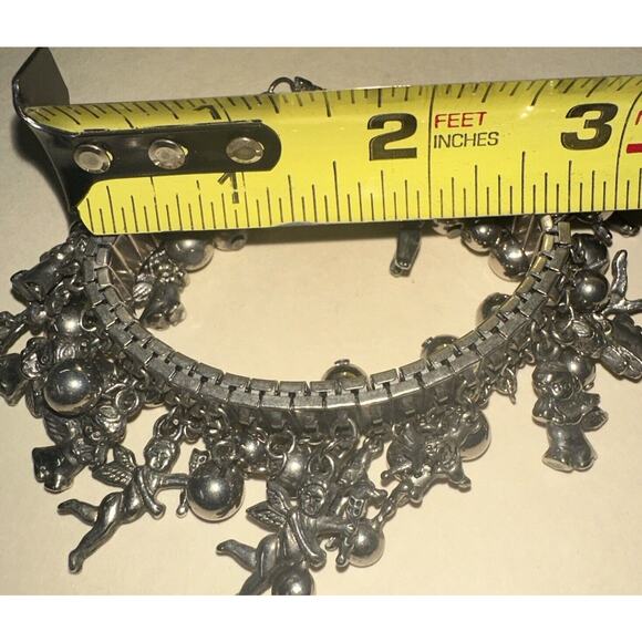 Vtg Tribal Silver Expandable Bracelet W/ Dangle Charms Angels Cherubs Balls - Picture 5 of 6